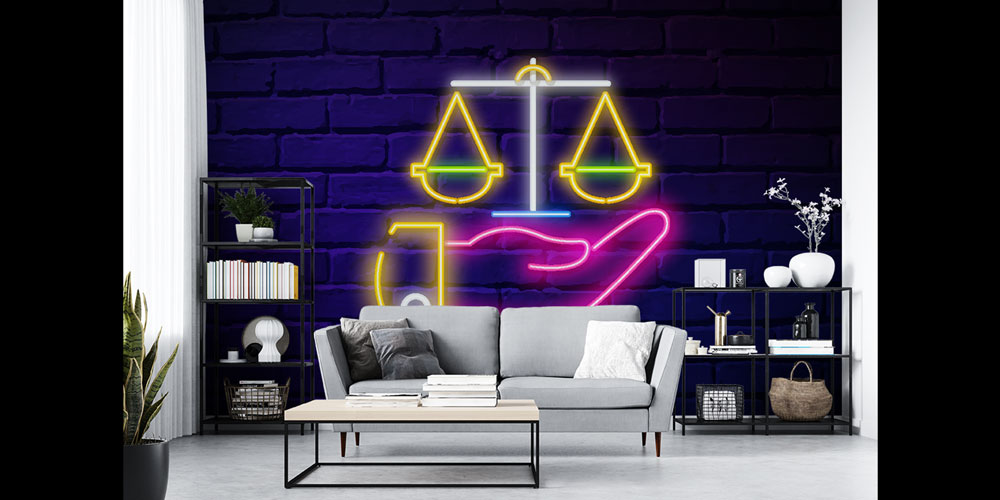 Neon Tasarımlı Hukuk Duvar Kağıdı – Adalet Terazisi ve El Figürü 5280