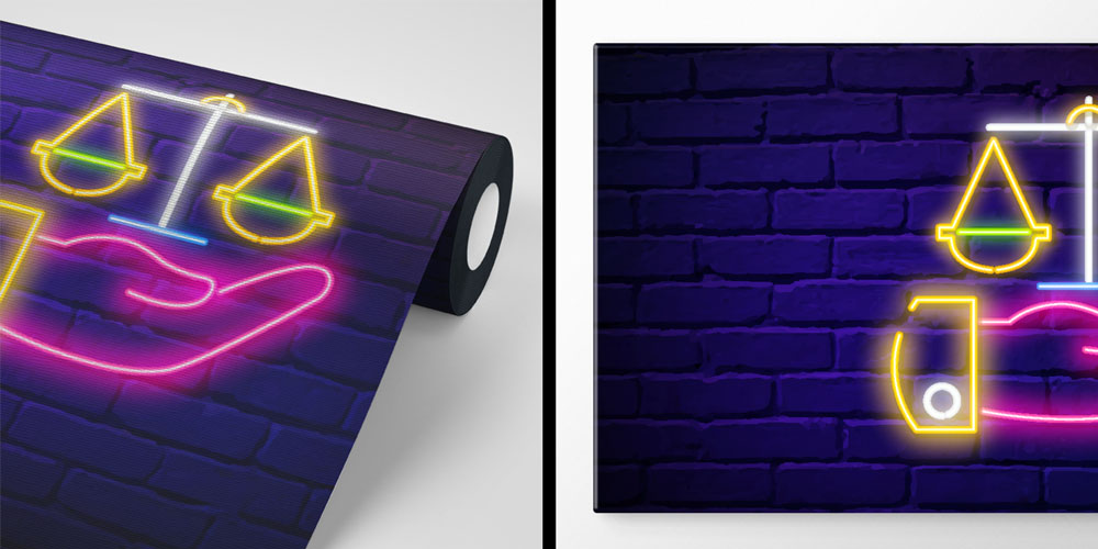 Neon Tasarımlı Hukuk Duvar Kağıdı – Adalet Terazisi ve El Figürü 5280