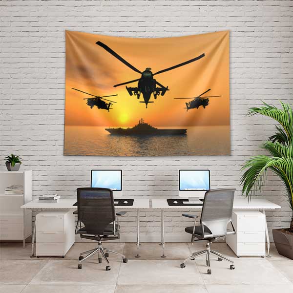 Gün Batımında Helikopterler ve Uçak Gemisi Duvar Örtüsü 11046