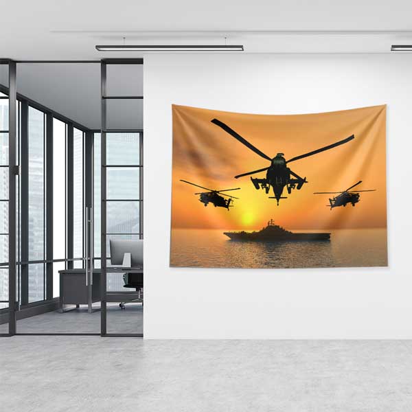 Gün Batımında Helikopterler ve Uçak Gemisi Duvar Örtüsü 11046