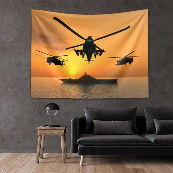 Gün Batımında Helikopterler ve Uçak Gemisi Duvar Örtüsü 11046