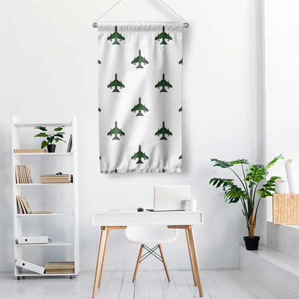 Yeşil Uçak Desenli Beyaz Duvar Flaması 11155