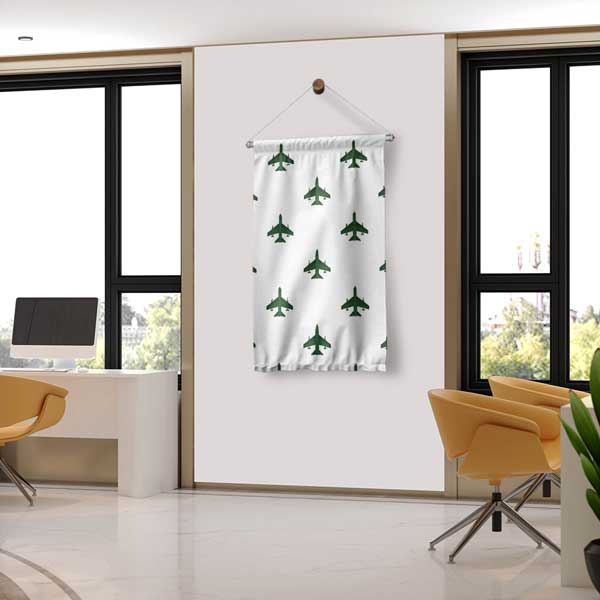 Yeşil Uçak Desenli Beyaz Duvar Flaması 11155