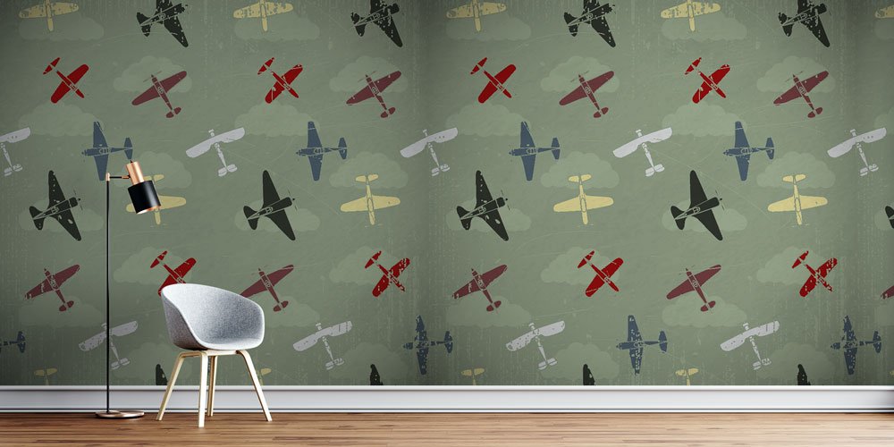 Retro Uçak Desenli Duvar Kağıdı 10955