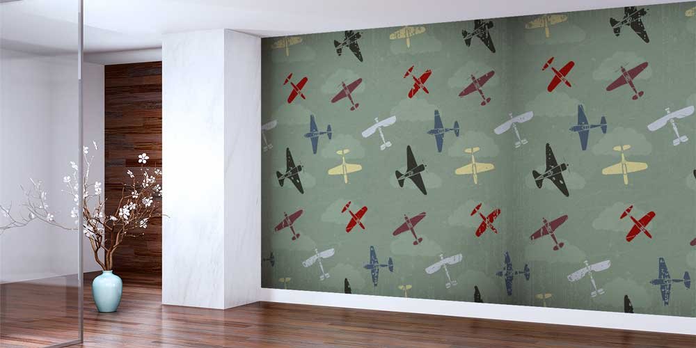 Retro Uçak Desenli Duvar Kağıdı 10955