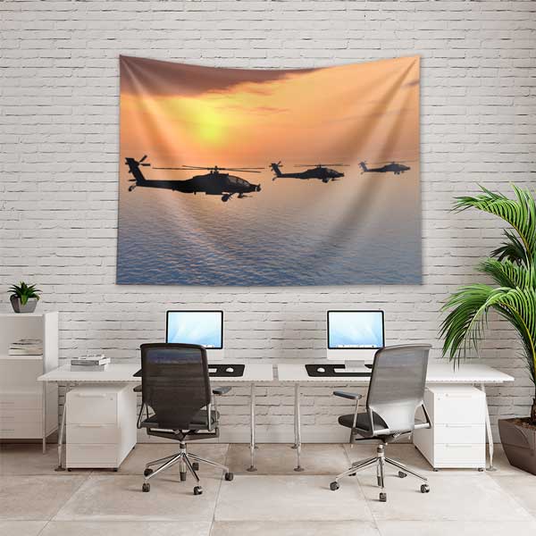 Gün Batımı Üzerinde Uçan Askeri Helikopterler Duvar Örtüsü 11047