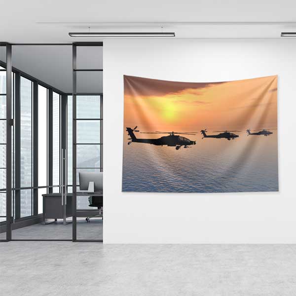 Gün Batımı Üzerinde Uçan Askeri Helikopterler Duvar Örtüsü 11047