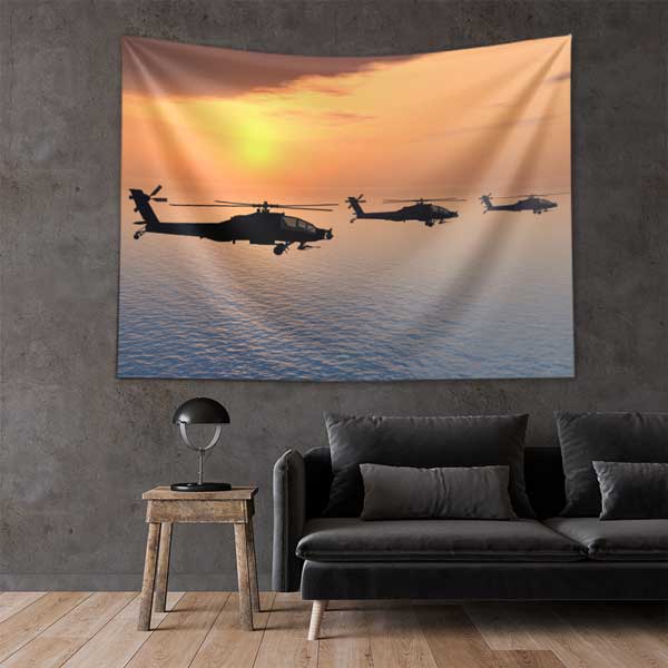 Gün Batımı Üzerinde Uçan Askeri Helikopterler Duvar Örtüsü 11047