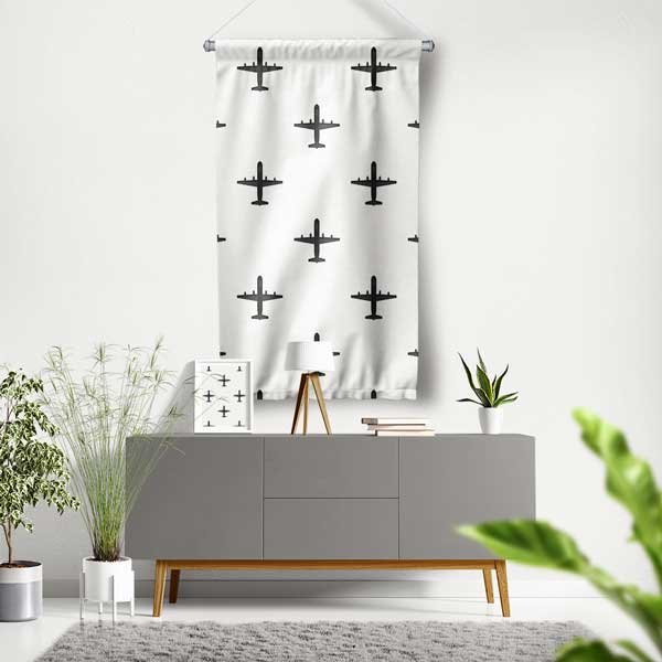 Uçak Desenli Beyaz Duvar Flaması 11149