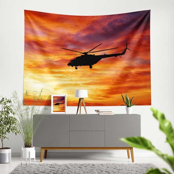 air-force-wall-tapestry-11048-00 Gün Batımında Tek Helikopter Silüeti Duvar Örtüsü 11048