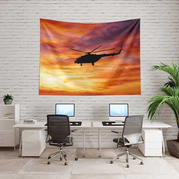 Gün Batımında Tek Helikopter Silüeti Duvar Örtüsü 11048