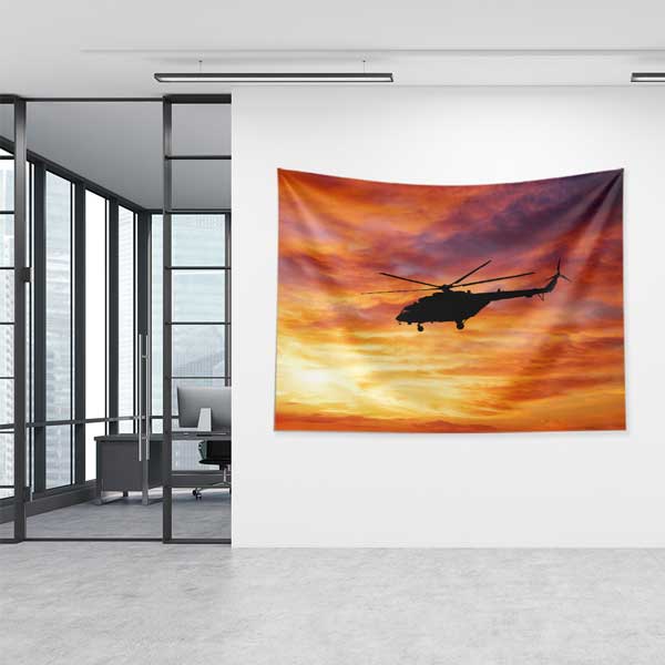 Gün Batımında Tek Helikopter Silüeti Duvar Örtüsü 11048