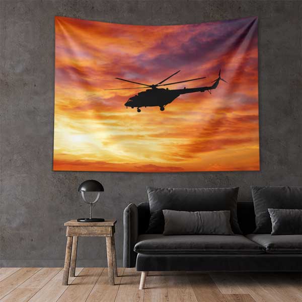 Gün Batımında Tek Helikopter Silüeti Duvar Örtüsü 11048