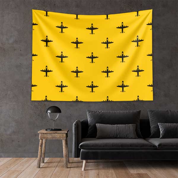 Sarı Zemin Üzerine Uçak Desenli Duvar Örtüsü 11060