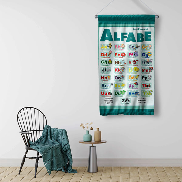 Eğitici Türkçe Alfabe Duvar Flaması - Okunuşlu ve Resimli Harf Öğrenme 8018