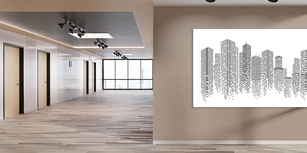 Siyah Beyaz Şehir Silüeti Tasarımlı Büyük Ebatlı Duvar Dekoru 7901