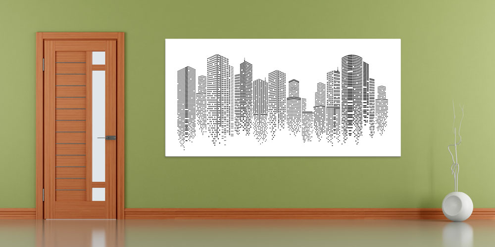 Siyah Beyaz Şehir Silüeti Tasarımlı Büyük Ebatlı Duvar Dekoru 7901