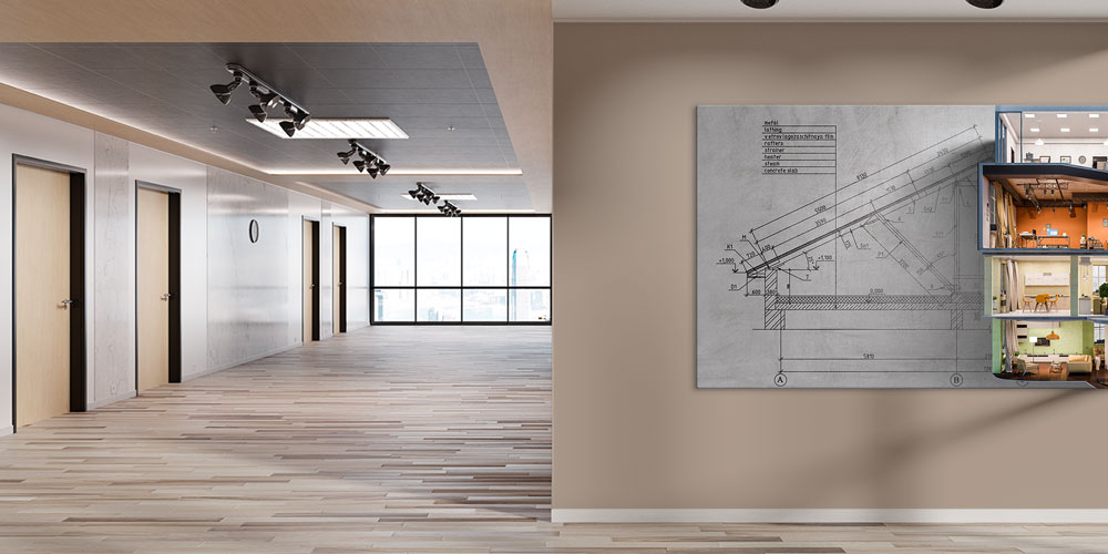 Kesit Plan ve İç Mekân Görünümlü Büyük Ebatlı Mimari Duvar Dekoru 7895