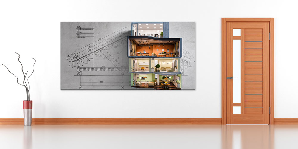 Kesit Plan ve İç Mekân Görünümlü Büyük Ebatlı Mimari Duvar Dekoru 7895