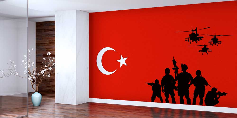 army-wall-art-decor-10966-01 Türk Bayrağı Fonunda Asker ve Helikopter Siluetleri Duvar Kağıdı 10966
