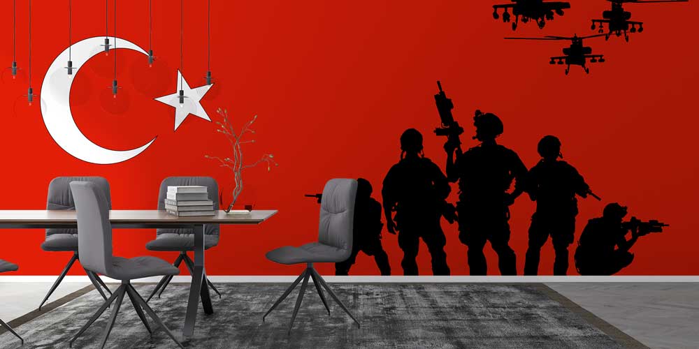 army-wall-art-decor-10966-02 Türk Bayrağı Fonunda Asker ve Helikopter Siluetleri Duvar Kağıdı 10966
