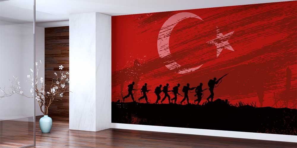 army-wall-paper-art-10965-01 Türk Bayrağı Fonunda Cephe Askerleri Duvar Kağıdı 10965
