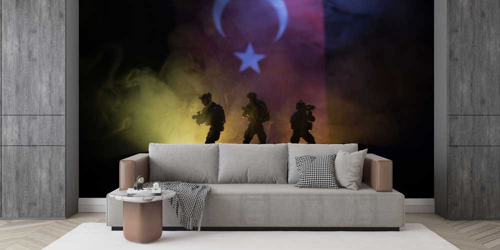 askeri-duvar-dekorasyonu-10990-02 Türk Bayrağı ve Asker Silüetli Duvar Kağıdı 10990