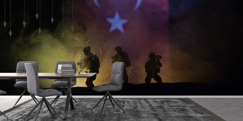 askeri-duvar-dekorasyonu-10990-03 Türk Bayrağı ve Asker Silüetli Duvar Kağıdı 10990