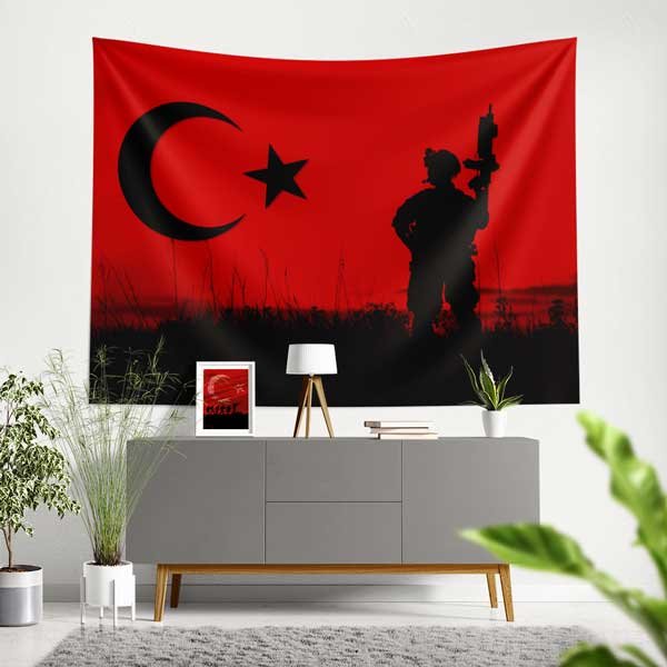 askeri-duvar-dekoru-11069-00 Türk Bayrağı ve Asker Silüetli Duvar Dekoru 11069