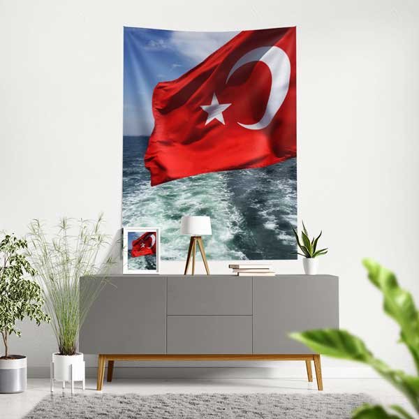 askeri-duvar-dekoru-11132-00 Dalgalanan Türk Bayrağı ve Tekne İzli Deniz Duvar Örtüsü 11132