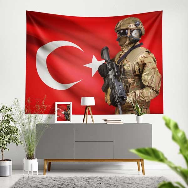 askeri-duvar-sanat-11072-00 Türk Bayrağı Önünde Özel Kuvvet Askeri Duvar Örtüsü 11072