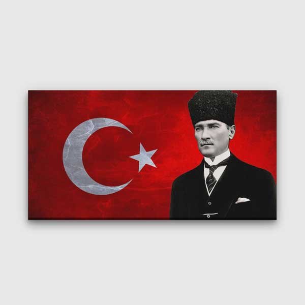 ataturk-bayrak-duvar-tablo-6198-00 Türk Bayrağı Fonlu Atatürk Portre Duvar Tablosu – 6198