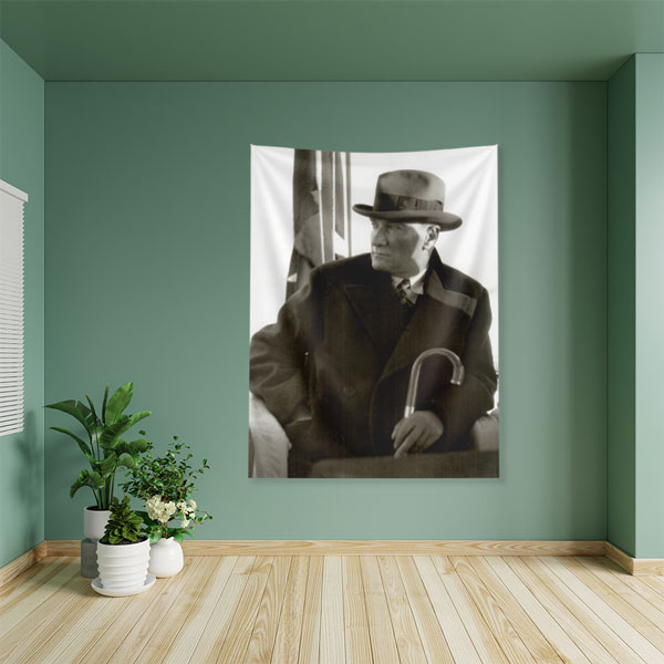 Atatürk Cumhuriyet Temalı Şapkalı Portre Duvar Örtüsü Kumaş Baskı 6208
