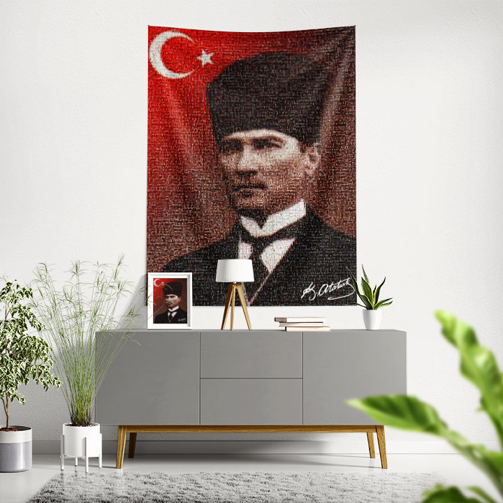 Atatürk Türk Bayraklı Portre Duvar Örtüsü Kumaş Baskı 6213