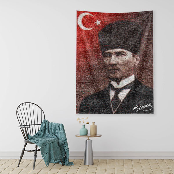 Atatürk Türk Bayraklı Portre Duvar Örtüsü Kumaş Baskı 6213