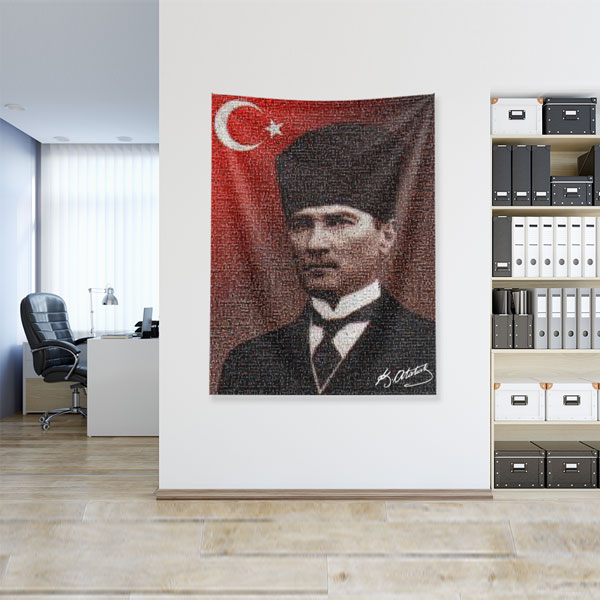 Atatürk Türk Bayraklı Portre Duvar Örtüsü Kumaş Baskı 6213