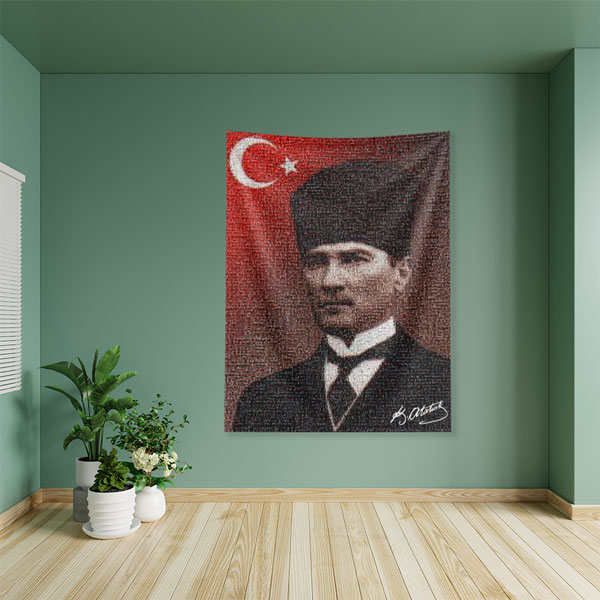 Atatürk Türk Bayraklı Portre Duvar Örtüsü Kumaş Baskı 6213