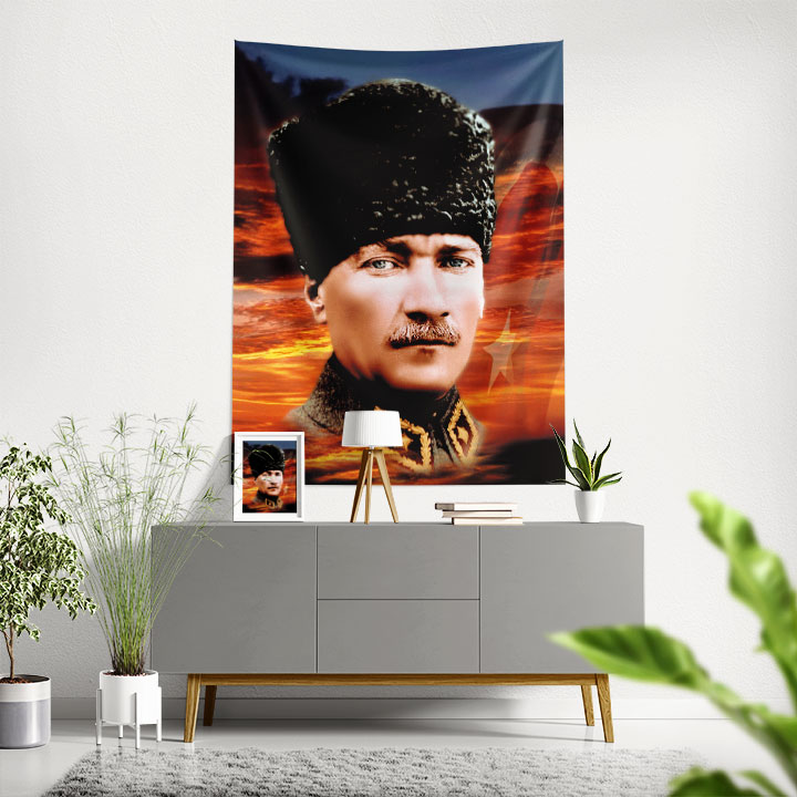 Atatürk Gün Batımı Temalı Portre Duvar Örtüsü Kumaş Baskı 6214