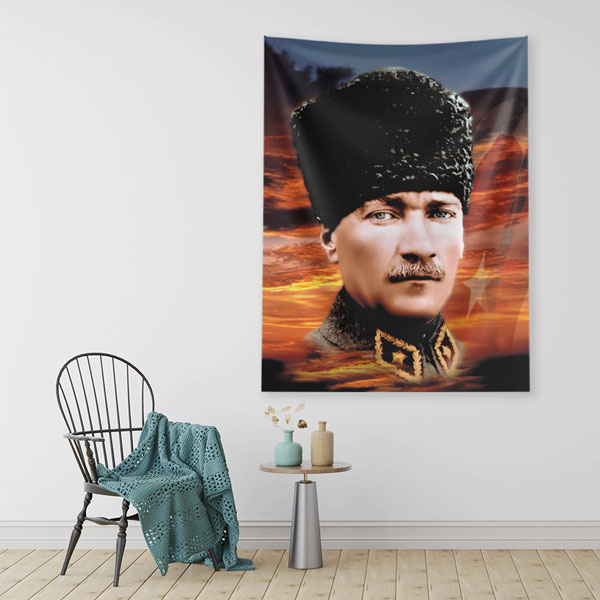 ataturk-duvar-dekor-6214-01 Atatürk Gün Batımı Temalı Portre Duvar Örtüsü Kumaş Baskı 6214