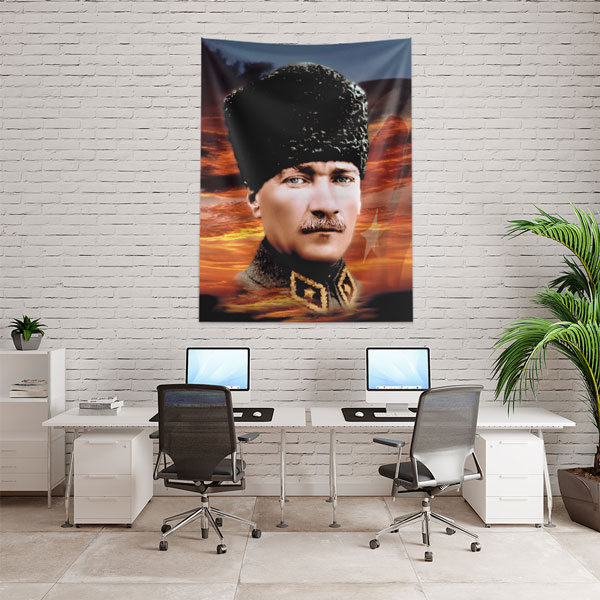 ataturk-duvar-dekor-6214-02 Atatürk Gün Batımı Temalı Portre Duvar Örtüsü Kumaş Baskı 6214