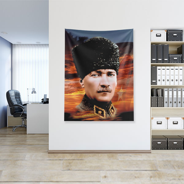 ataturk-duvar-dekor-6214-03 Atatürk Gün Batımı Temalı Portre Duvar Örtüsü Kumaş Baskı 6214