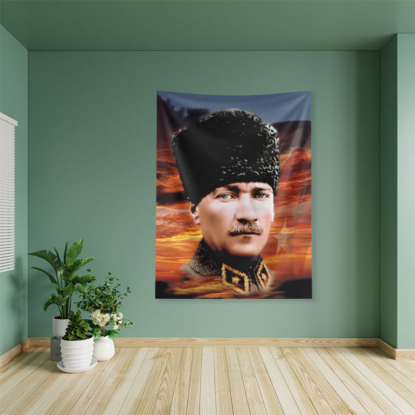ataturk-duvar-dekor-6214-04 Atatürk Gün Batımı Temalı Portre Duvar Örtüsü Kumaş Baskı 6214