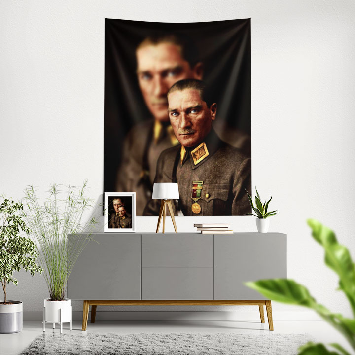 Atatürk Çift Portre Duvar Örtüsü Kumaş Baskı 6216