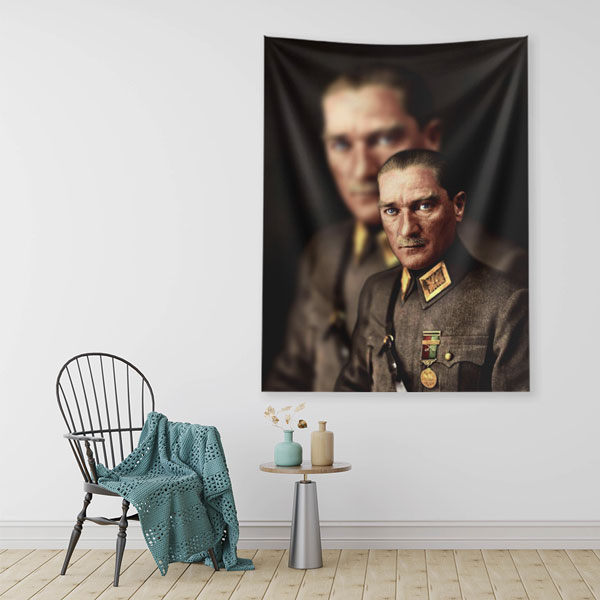 Atatürk Çift Portre Duvar Örtüsü Kumaş Baskı 6216