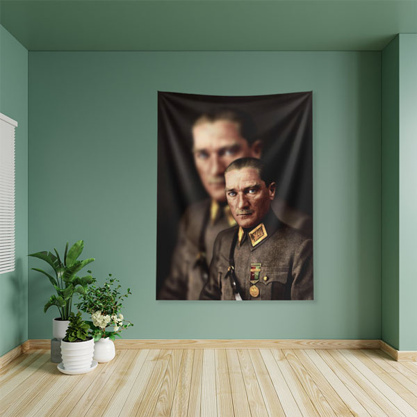Atatürk Çift Portre Duvar Örtüsü Kumaş Baskı 6216