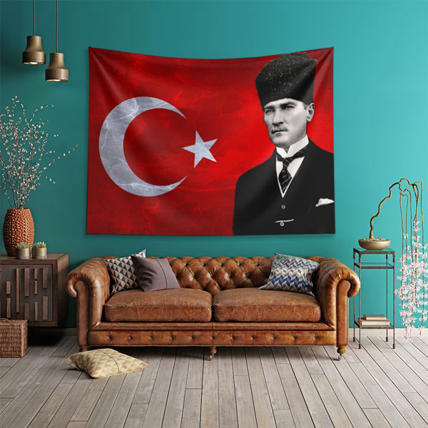 ataturk-duvar-dekor-6219-01 Atatürk ve Türk Bayrağı Duvar Örtüsü Kumaş Baskı 6219