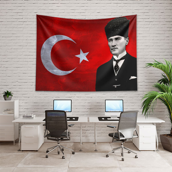 ataturk-duvar-dekor-6219-03 Atatürk ve Türk Bayrağı Duvar Örtüsü Kumaş Baskı 6219