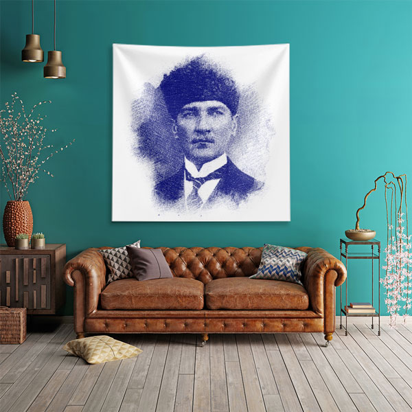 Atatürk Mavi Eskiz Portre Duvar Örtüsü Kumaş Baskı 6220