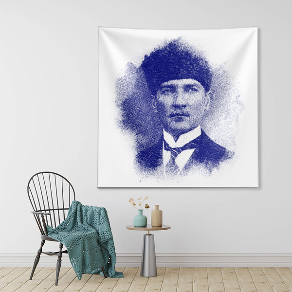 Atatürk Mavi Eskiz Portre Duvar Örtüsü Kumaş Baskı 6220