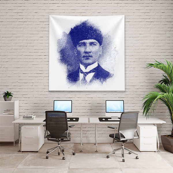Atatürk Mavi Eskiz Portre Duvar Örtüsü Kumaş Baskı 6220